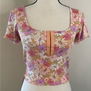 Juniper Blu ribbed floral crop top retro 70s boho SZ SM
